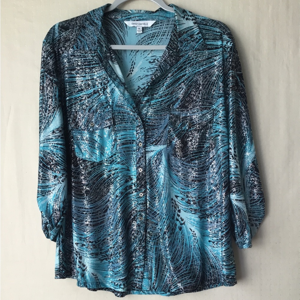 Emmy Daniels Teal & Black Patterned Button-Down Shirt Size XL